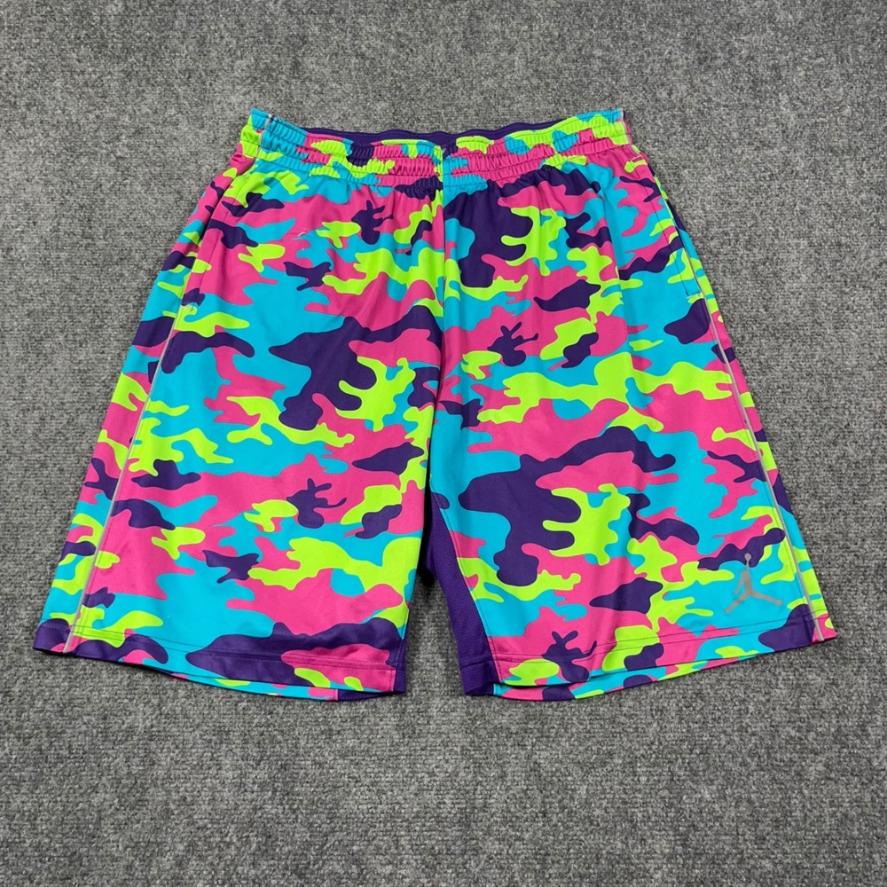 Air Jordan Camo Basketball Shorts Mens L Neon Camouflage Baller Baggy Loose